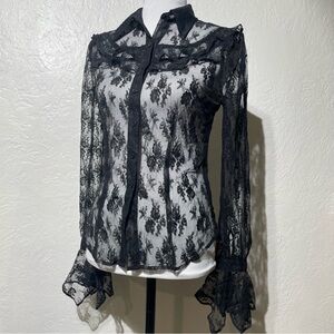 Express Black Sheer Lace Ruffle Button Front Blouse Top Size 7/8 Y2k Gothic